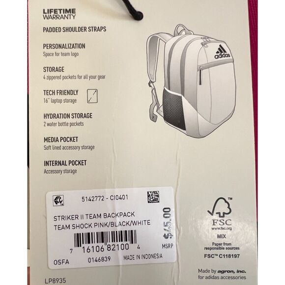 NWT Adidas Striker II Team Backpack in pink and black - Picture 13 of 13